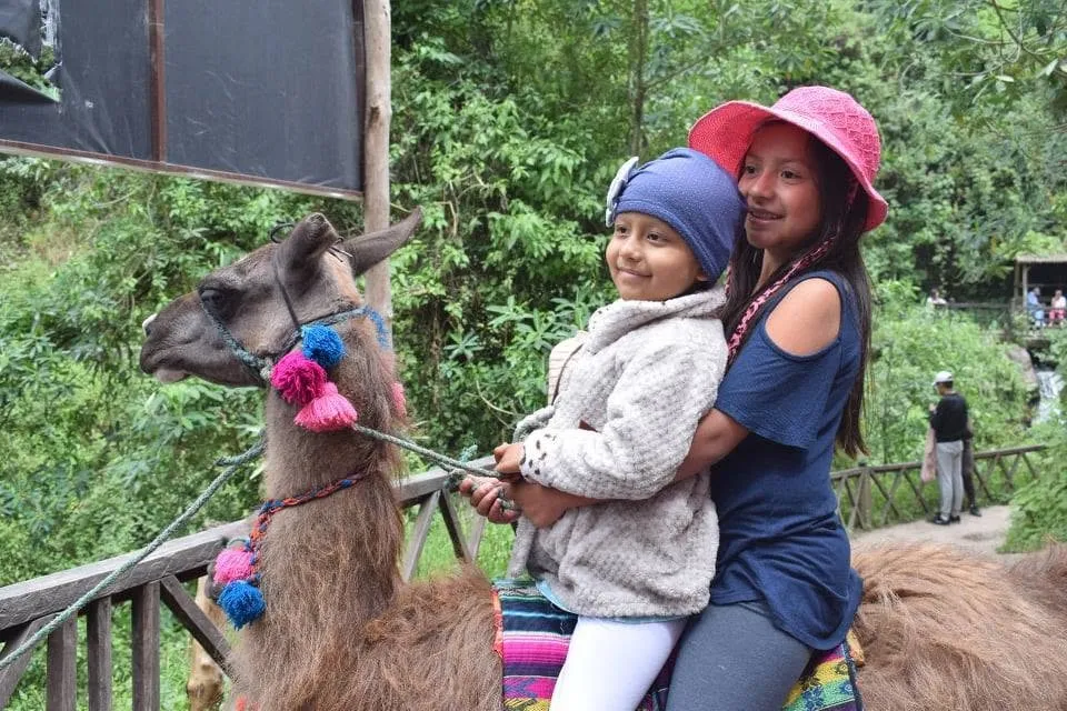 Niña con su mamá junto a una llama